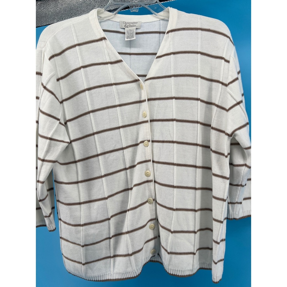 Christopher & Banks Women Cardigan L White Brown Striped 3/4 Sleeve Button Front - Picture 2 of 5